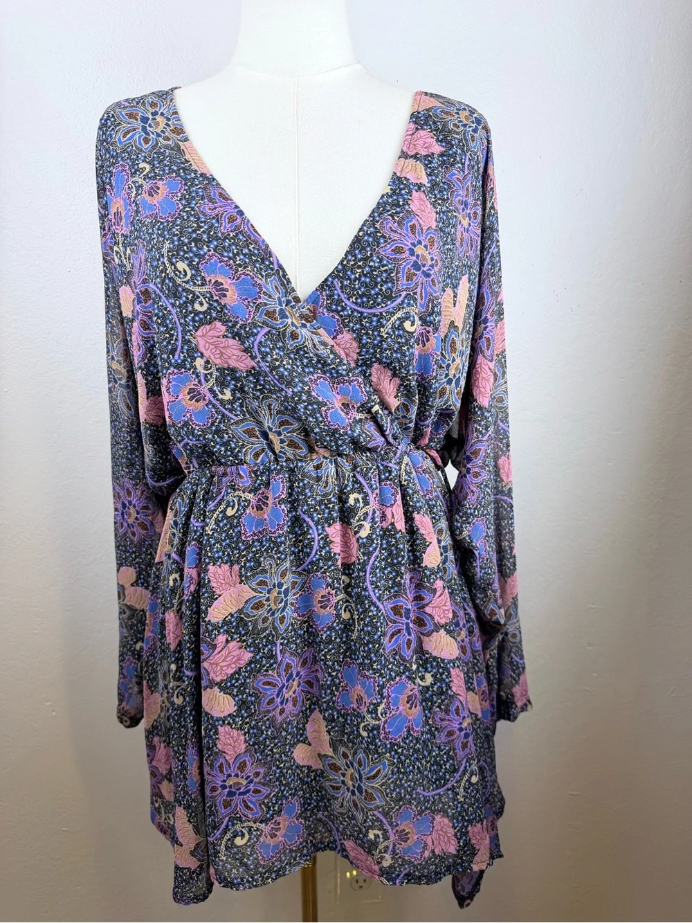 Free People Navy Floral Print Tunic with Lavender & Blush Accents